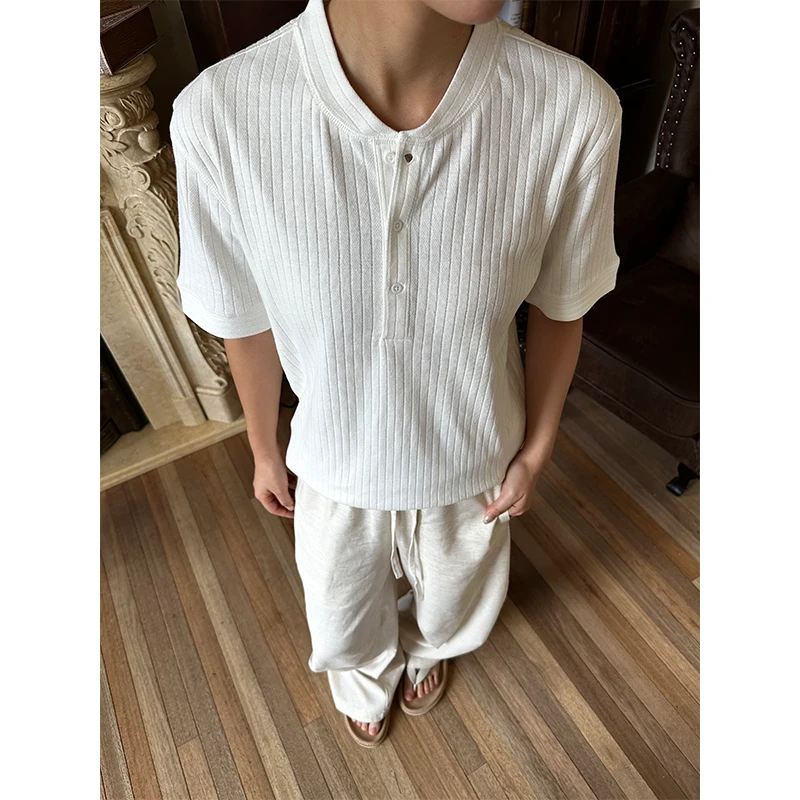 【EME】【新贵高奢】亚麻棉纱织精纺新贵老钱亨利领短袖纯色