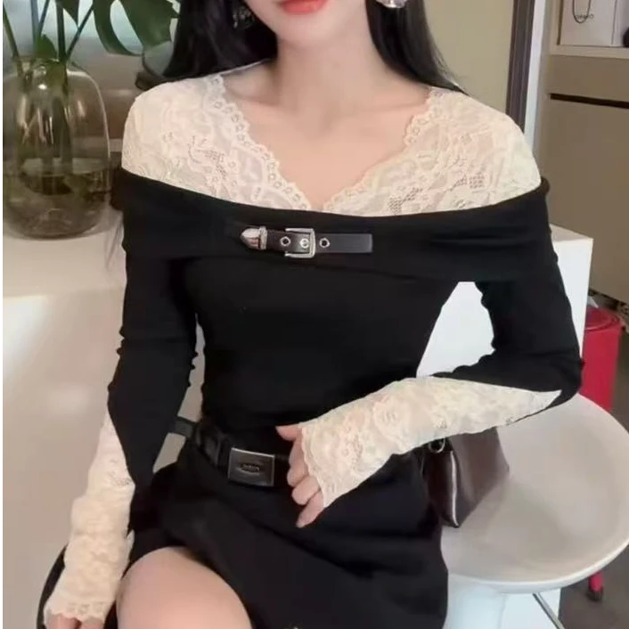 【晨浠定制】新款法式拼蕾丝胸口皮带长袖打底上衣728