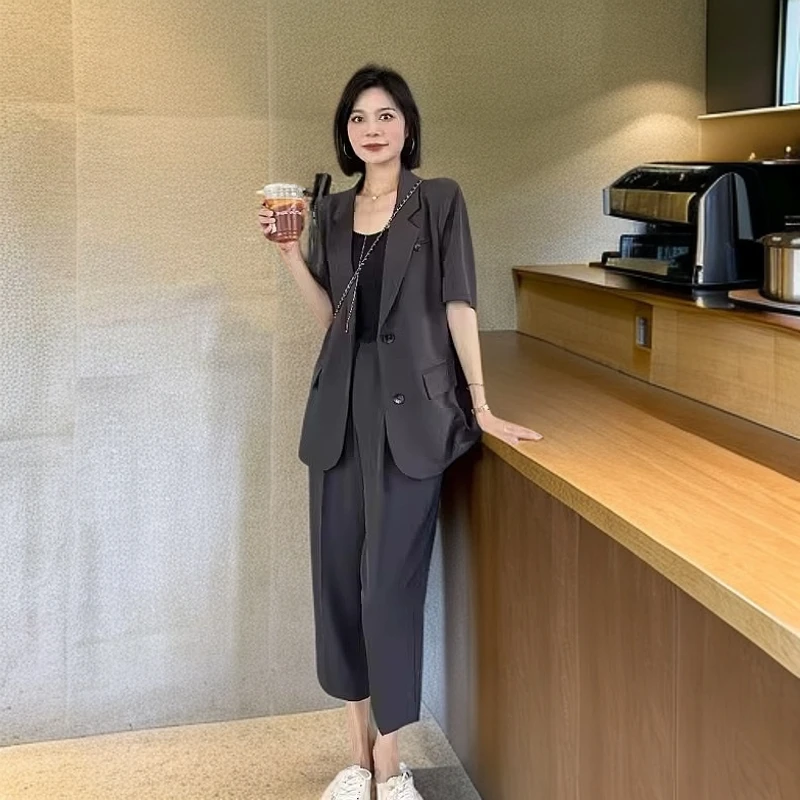 加大码女装薄西装休闲裤两件套韩版胖mm夏季薄款西服九分裤套装女