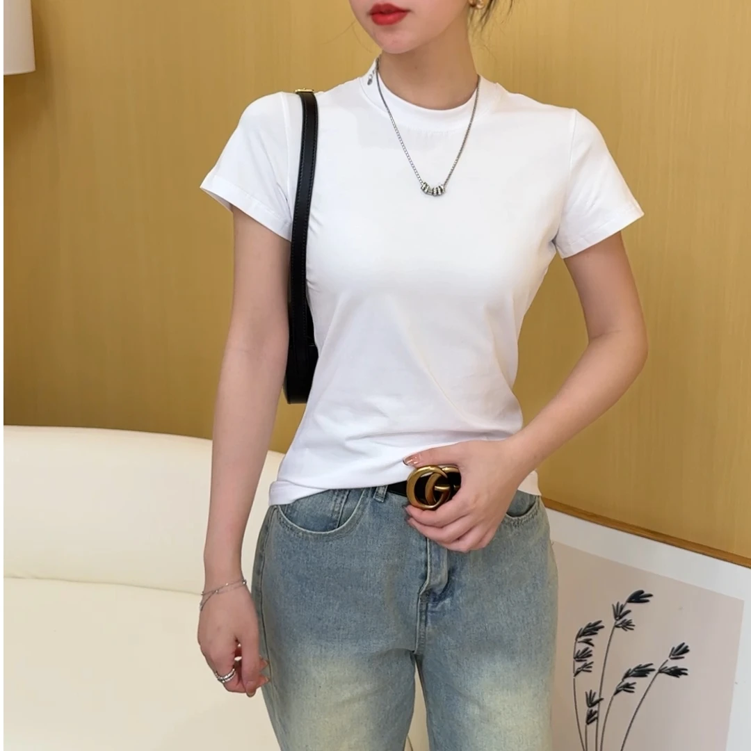通勤t恤女短袖2025新款夏季纯色半高领修身显瘦正肩体恤基础上衣