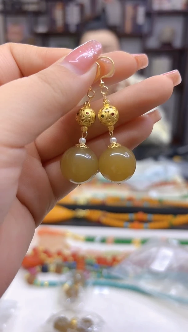 【闪购商品】和田玉（糖玉）耳饰14K金镶嵌E247