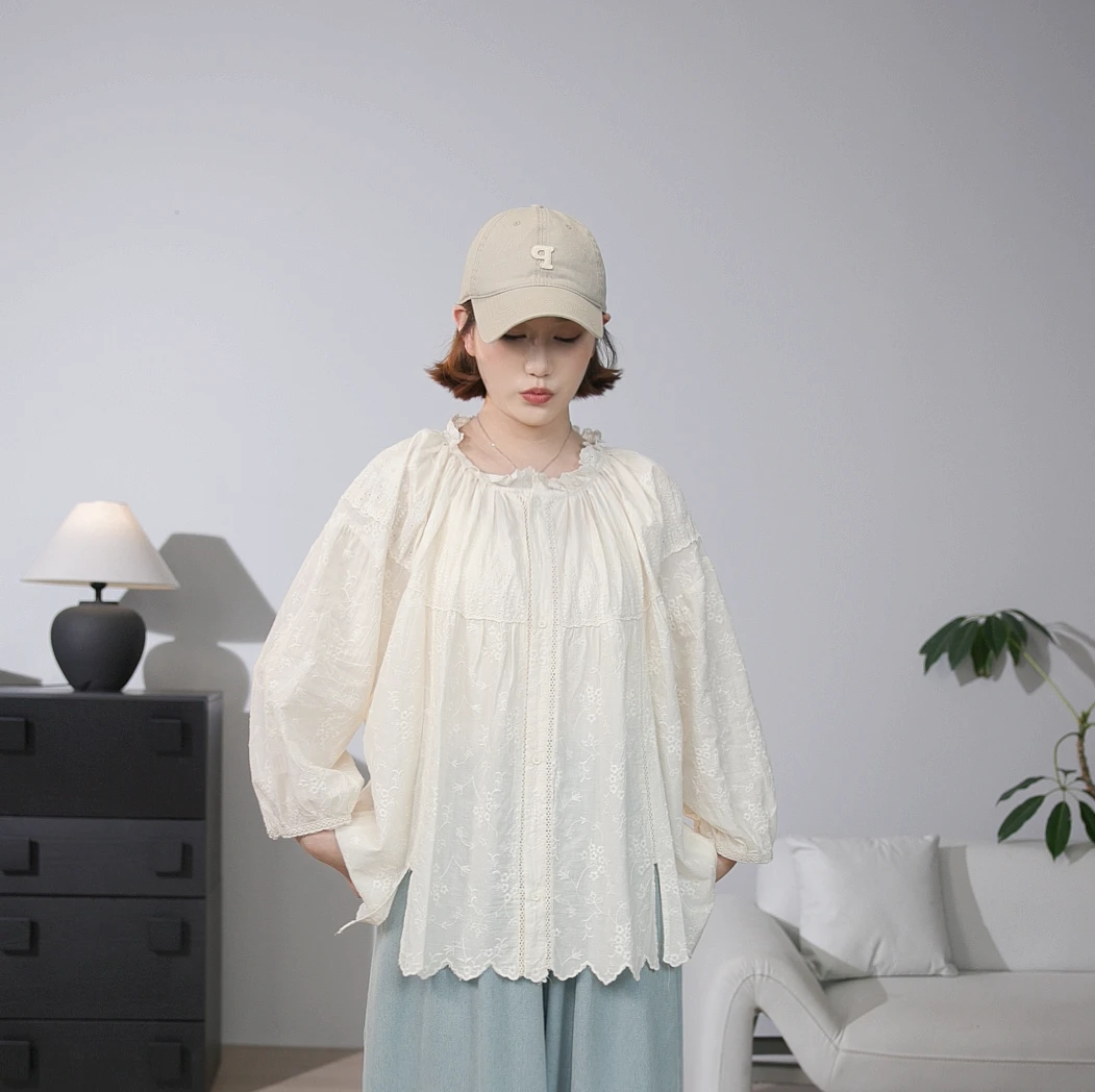 【兜兜家】森系提花木耳领减龄甜美上衣