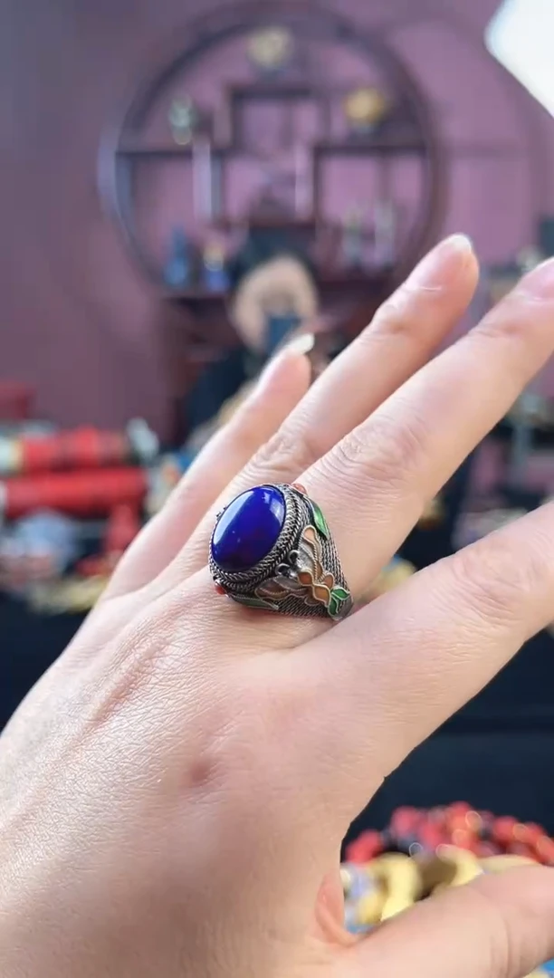 非遗 花丝镶嵌戒指 素银 青色