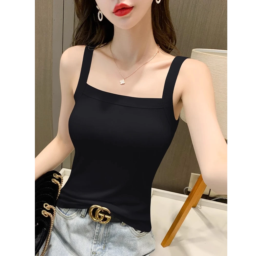 黑色方领吊带背心女西装内搭打底上衣夏季新款螺纹美背短款体恤