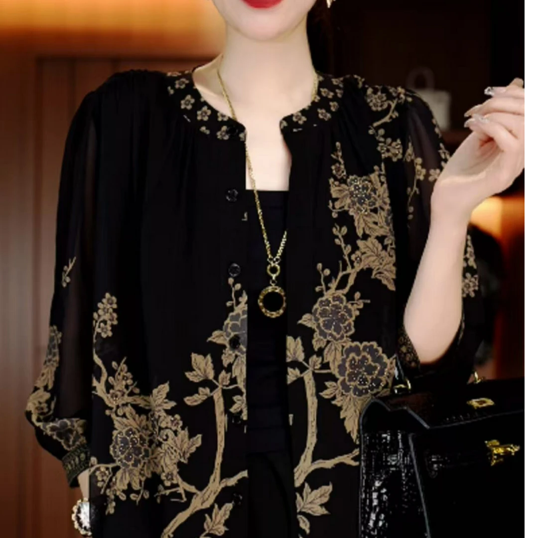 深圳原创设计感洋气印花宽松开衫减龄遮肉琉璃双绉丝上衣外套女装