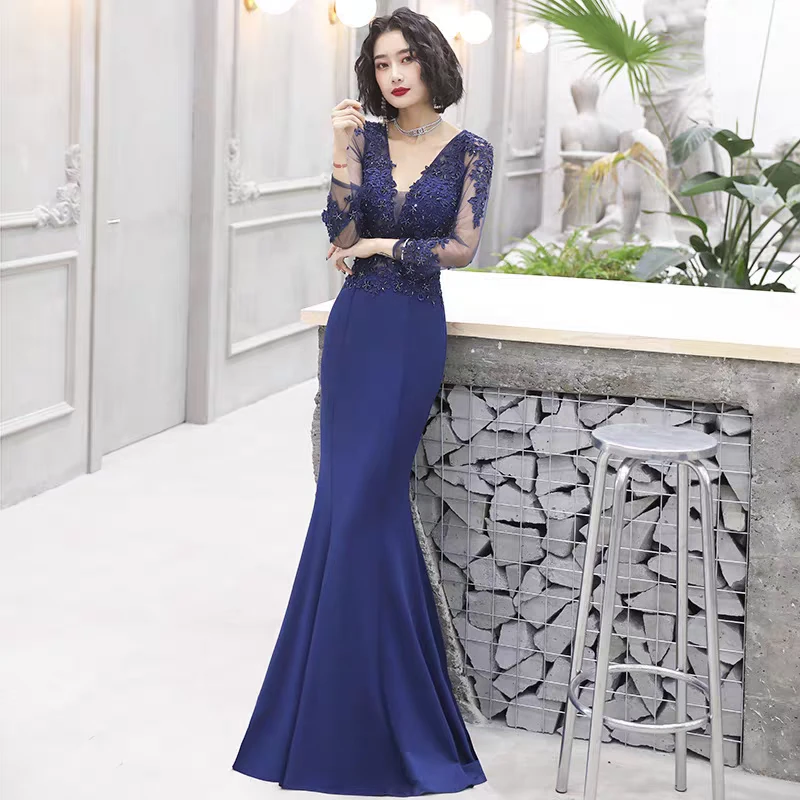 宴会晚礼服裙女2025新款蓝色气质高级鱼尾长款高贵主持人高端大气