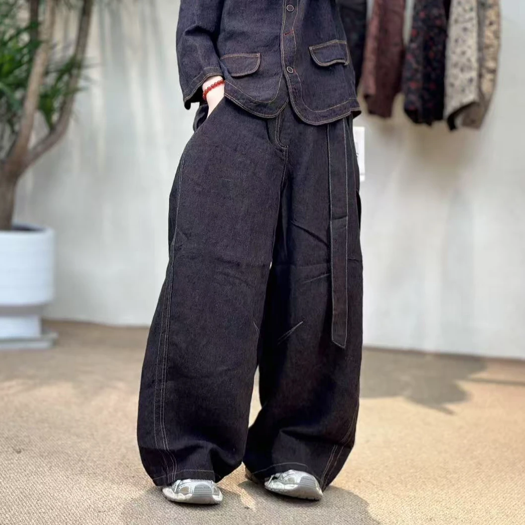 忆古朴拙241246色织亚麻高品带腰带松紧腰慵懒休闲裤长裤阔腿裤