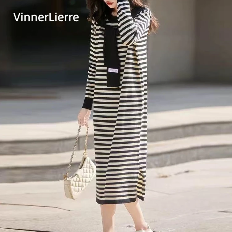 薇妮诺假两件海军领长裙条纹圆领秋季直筒裙连衣裙韩版秋冬连衣裙