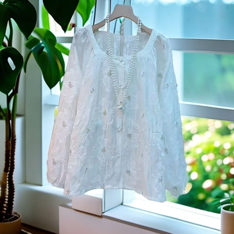 新中式方领透气碎花常规刺绣T恤春款气质白色套装蕾丝休闲