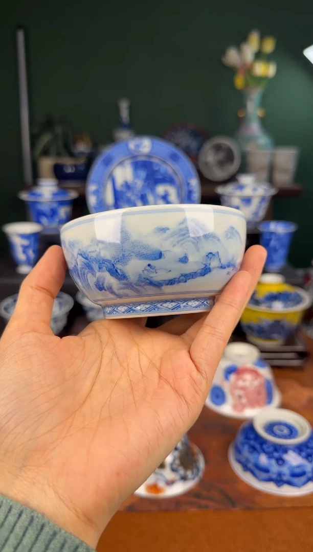 杯福利。青花重工山水。 缸杯