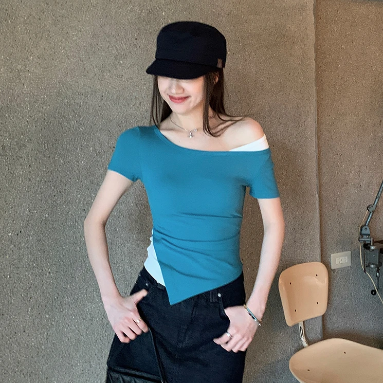 爆显瘦！两穿领直角肩腰精T不规则斜肩洋气撞色假两件女装503TX8