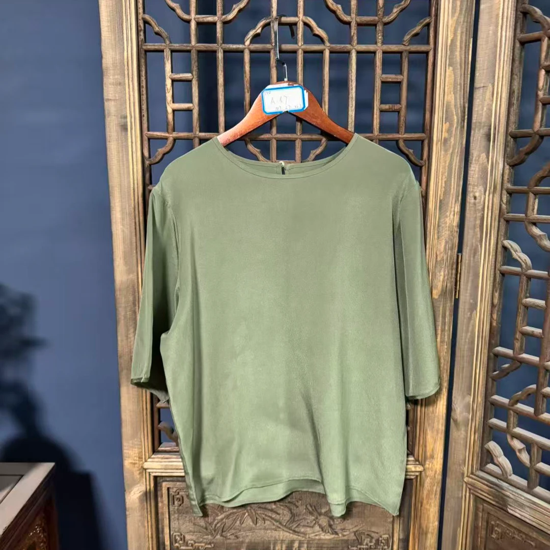 2026春季新款时尚简约桑蚕丝圆领五分袖上衣女A187