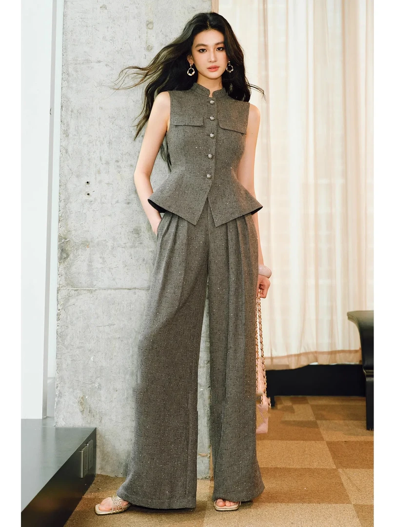 0648温峥嵘同款｜星点撒银经典粗花呢｜马甲＆直筒裤小香风套装