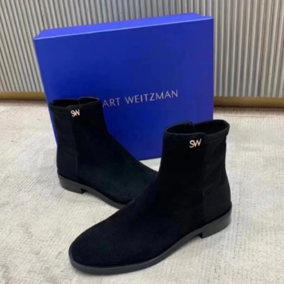 未使用 StuartWeitzman 汤/TP018703/ 圆头粗方跟短靴 黑色