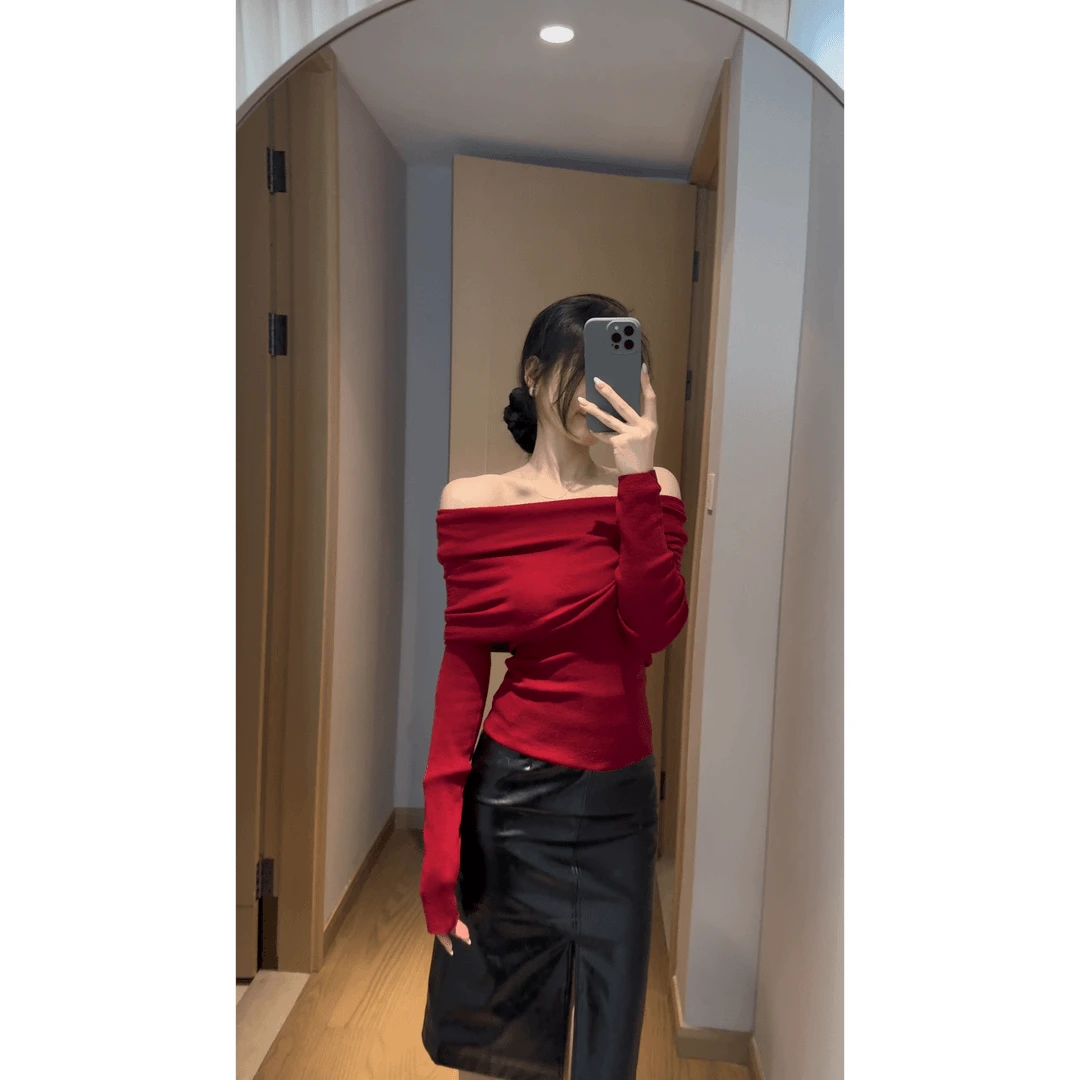 针织衫女红色一字肩长袖T恤秋冬季内搭打底修身显瘦纯欲气质上衣