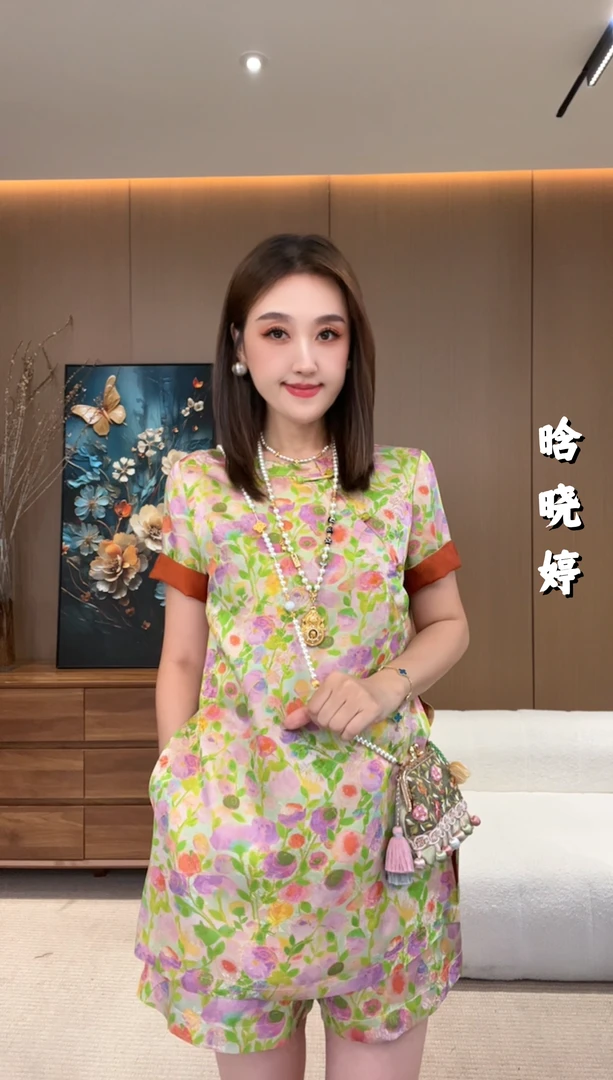 【莫奈花园】套装-右襟原创时尚夏季显瘦新中式上衣短裤两件套T517