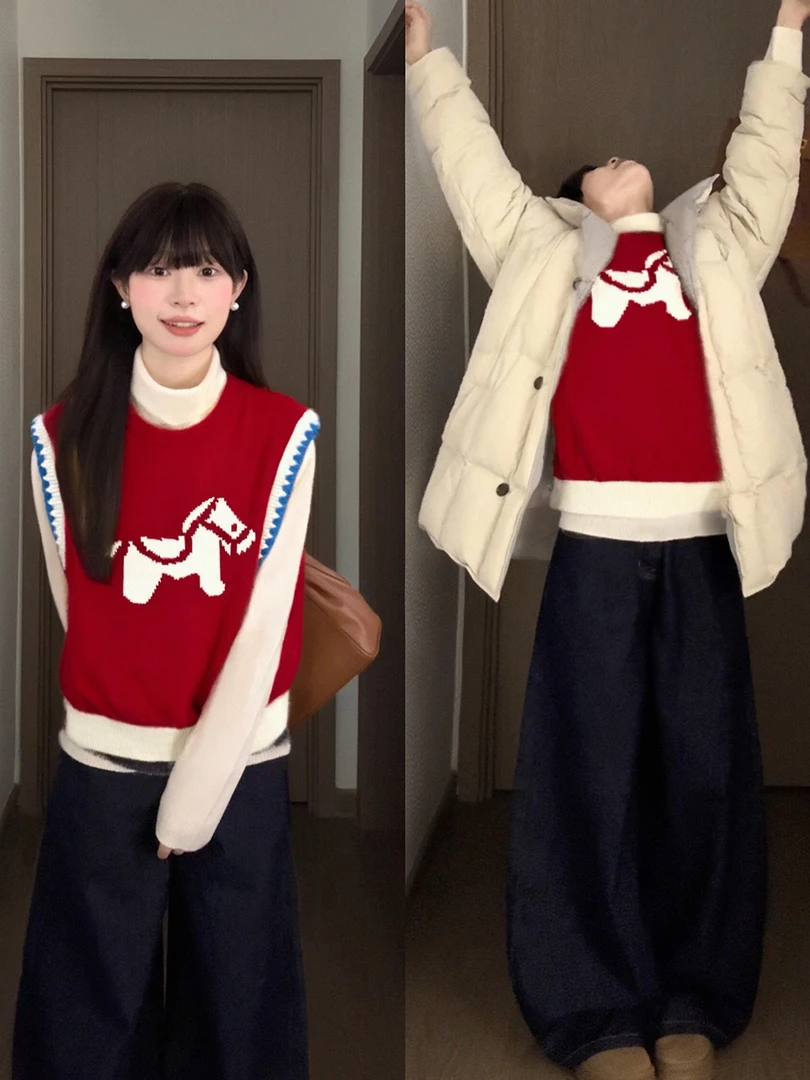 红色小马提花针织马甲女2026初春复古圣诞风独特漂亮修身叠穿背心