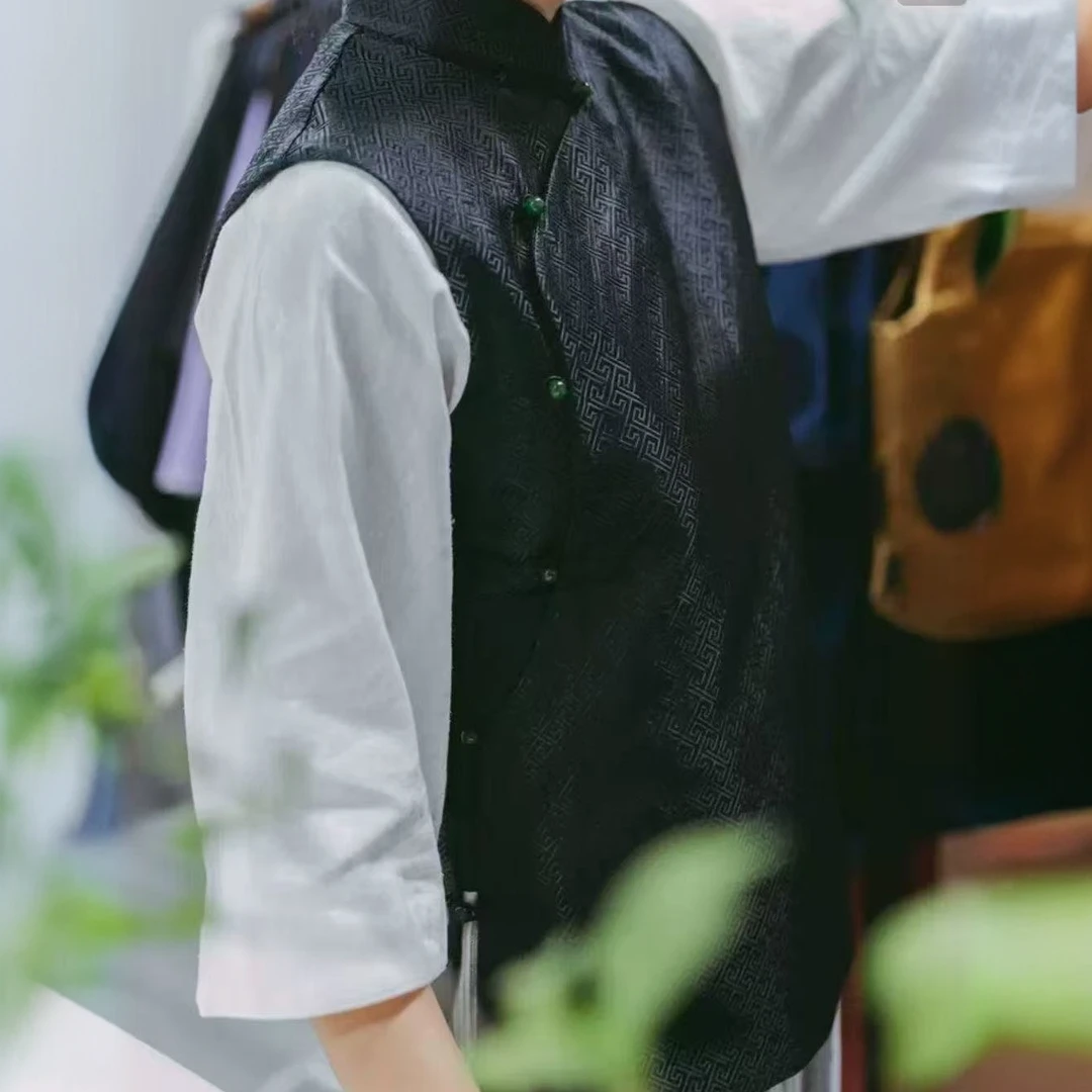 衣年纯品黑色中式传统回字纹织锦缎大襟双层春夏秋马甲坎肩大码女