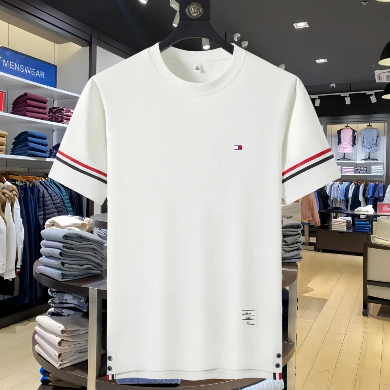 正品Tommy汤米夏季男士短袖t恤圆领时尚韩版条纹色织带百搭男上衣