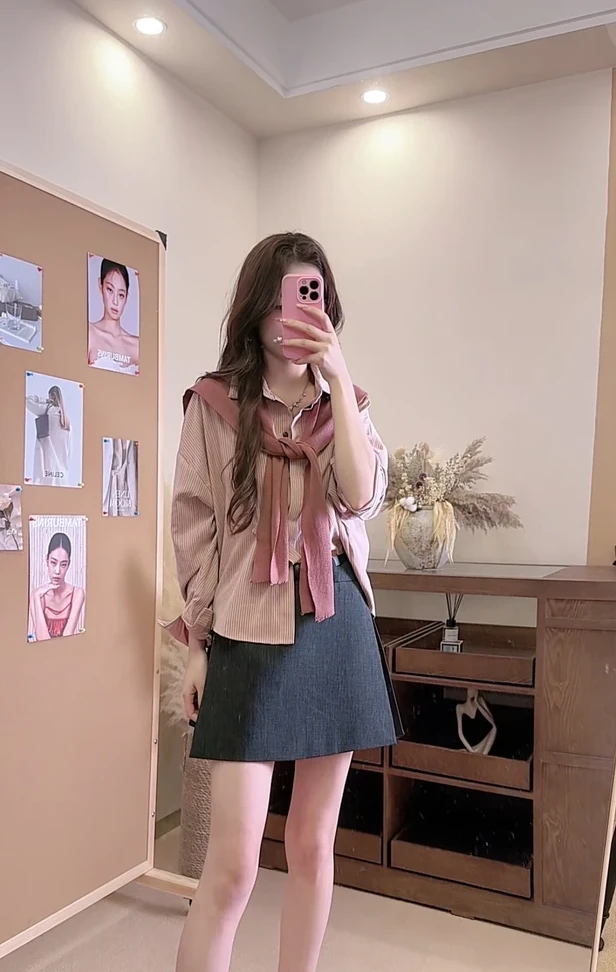 韩系长袖披肩衬衫三件套女2025新款宽松显瘦减龄百搭上衣