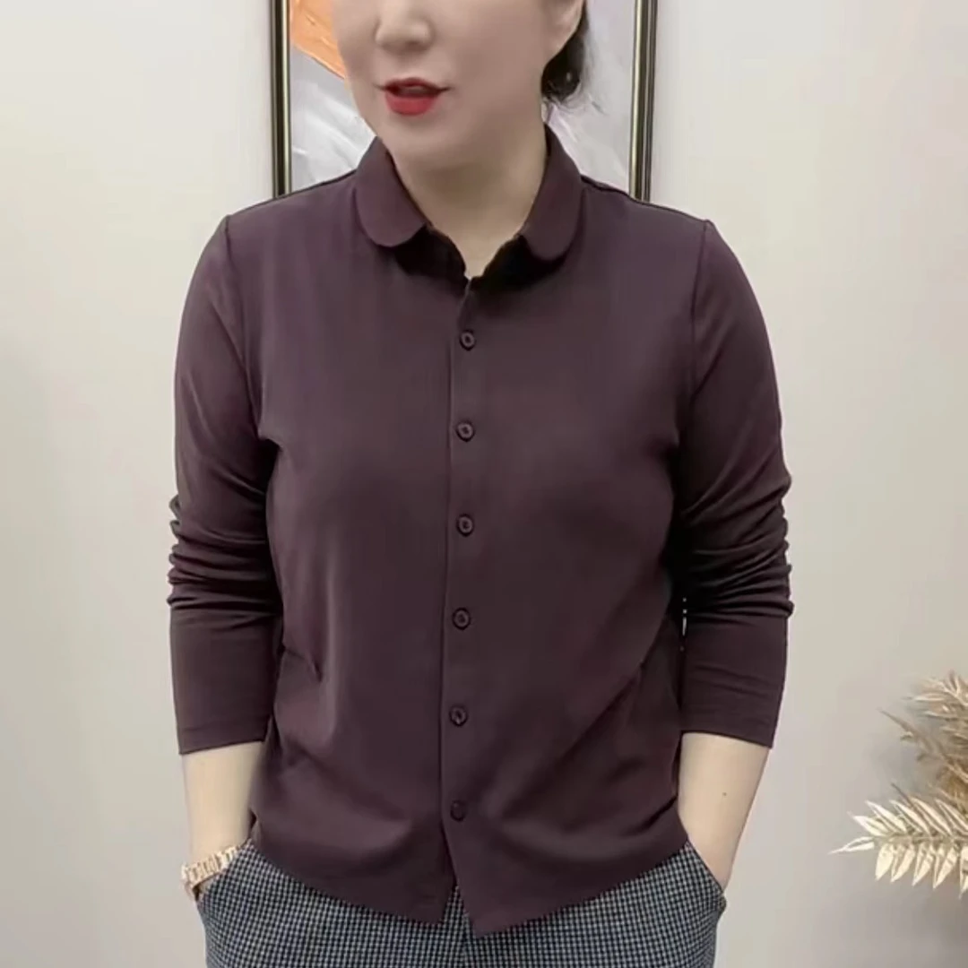 《专柜品质》秋季新款气质纯色时尚百搭经典翻领水绒棉妈妈小衫5