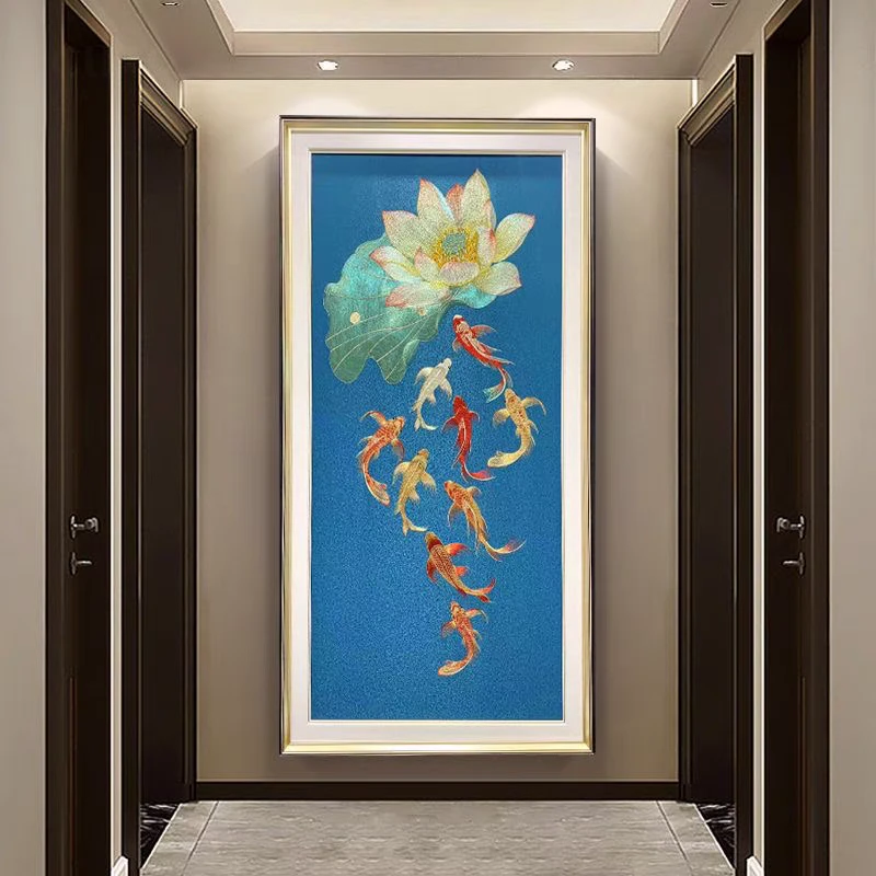 【铭尊】荷花九鱼图|苏绣玄关高端织锦绣刺绣装饰画风水玄关挂画