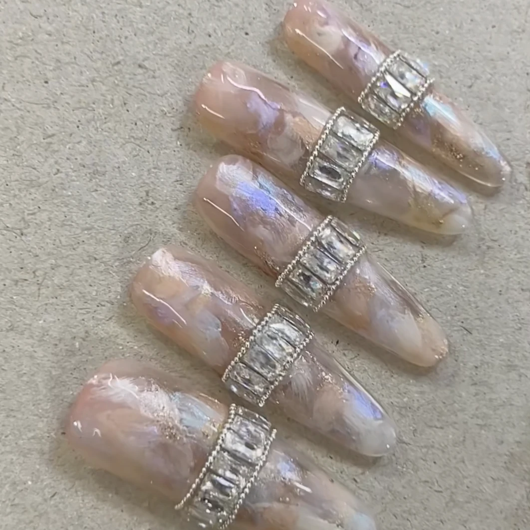 【巴黎】 醋酸晕染纯手工定制穿戴甲手绘蓝色海洋假指甲贴10片