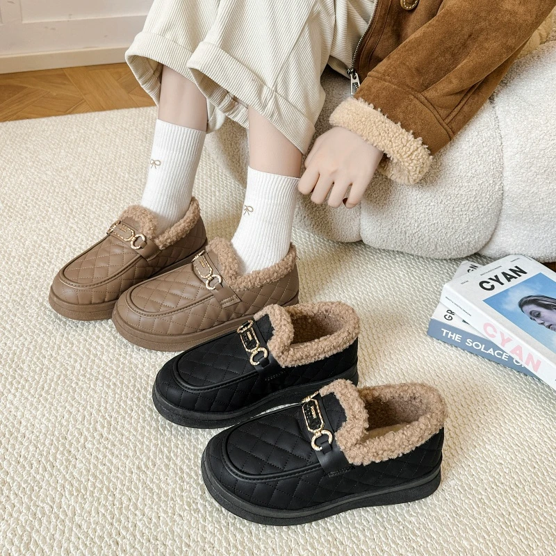 老北京棉鞋女舒适防滑厚底一脚蹬妈妈洋气棉靴加绒保暖豆豆鞋