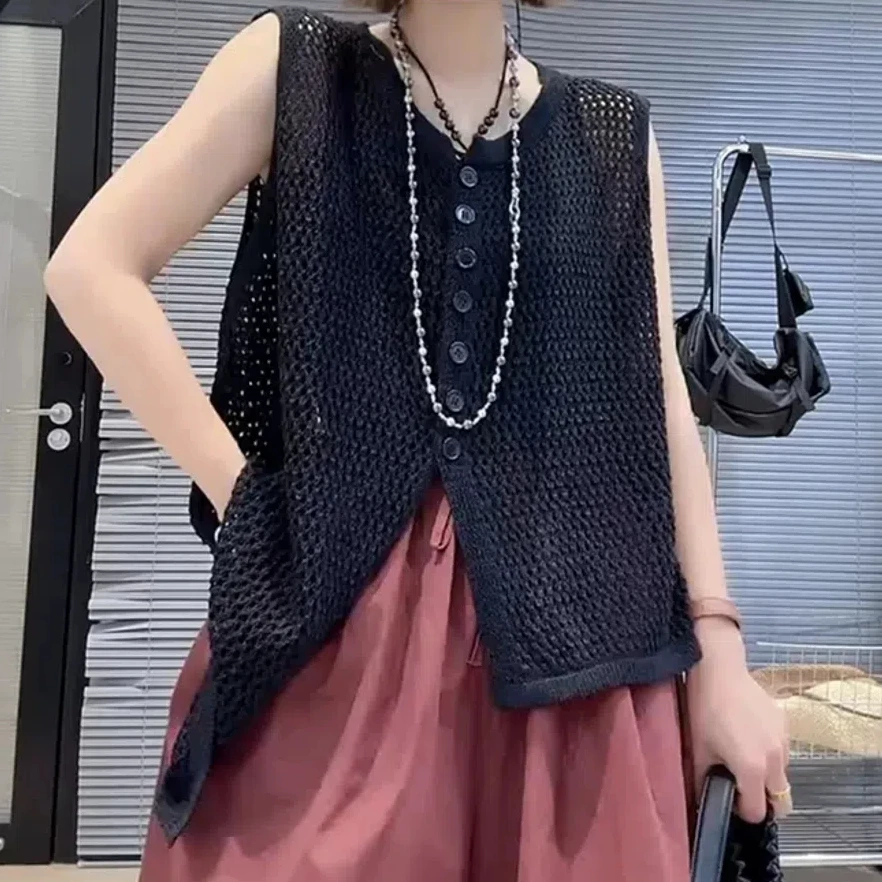 女马甲镂空薄款独特简约风马夹休闲上衣套装慵懒大码短袖t恤女