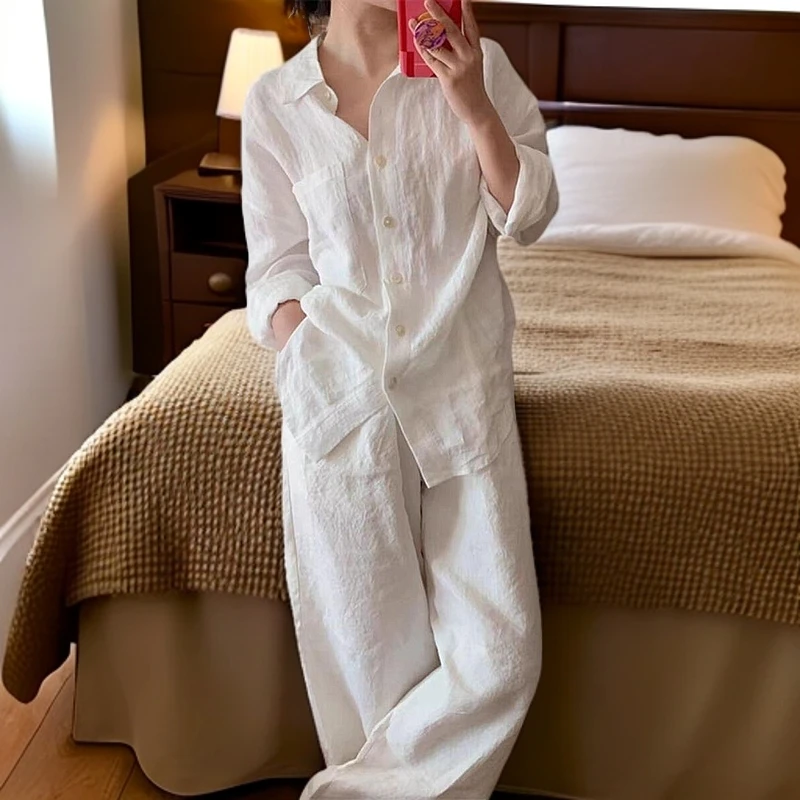 2025年白色常规秋夏季夏季法式衬衫翻领长袖纯色休闲薄款简约套装
