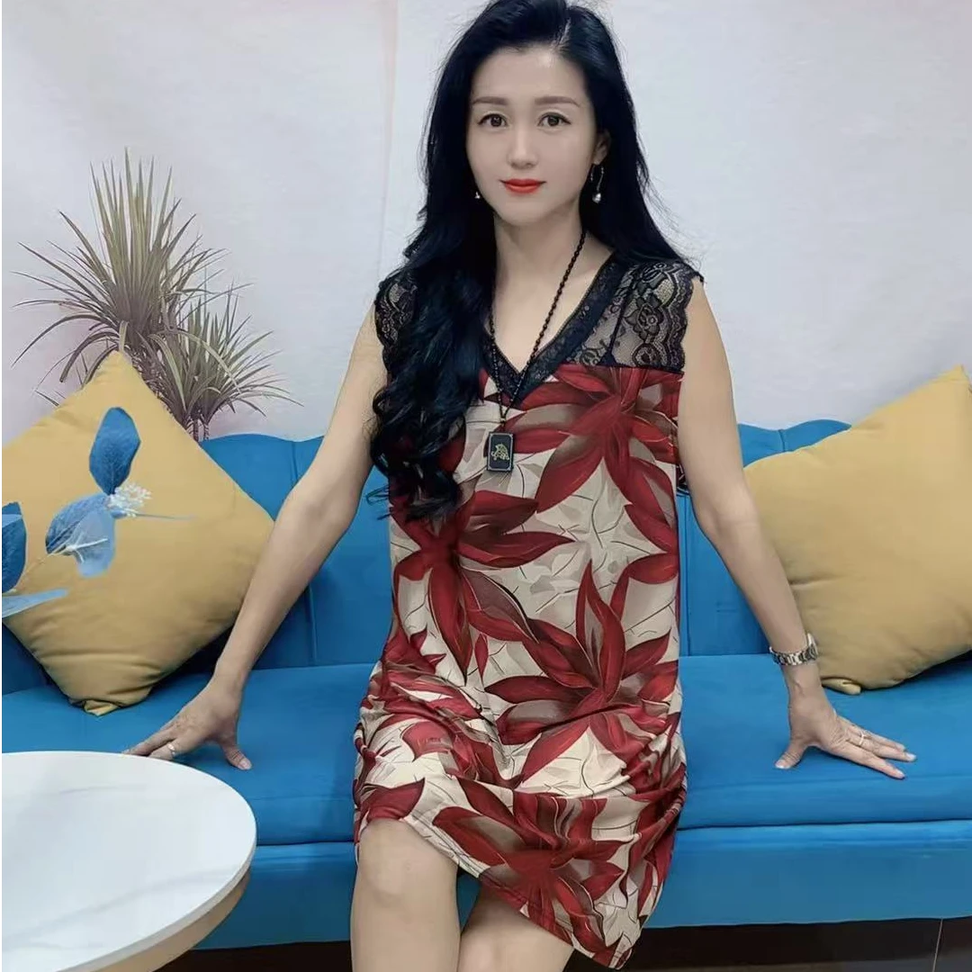 花女人8110洋气时尚V领蕾丝女士薄款长款无袖夏季网红显瘦家居裙