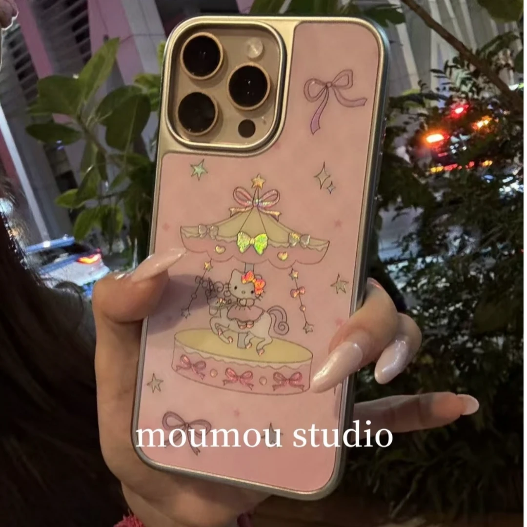 卡通可爱旋转木马kt猫碳纤维彩金适用苹果16pro/iPhone15手机壳14