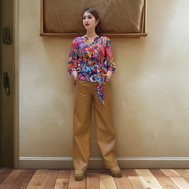 女款四色长款显瘦皮裤宽松