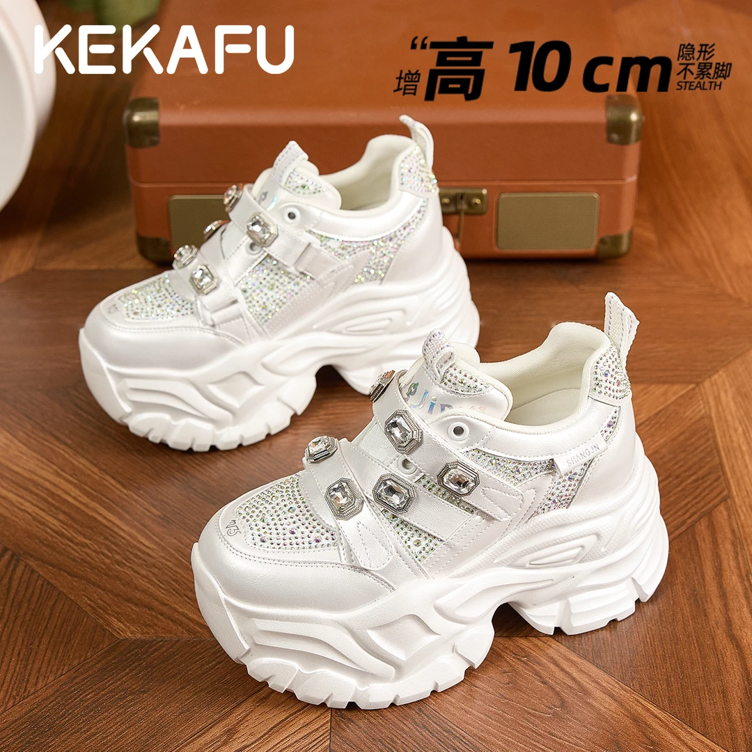 珂卡芙10CM松糕厚底内增高老爹鞋2025秋季新款水钻魔术贴运动鞋女