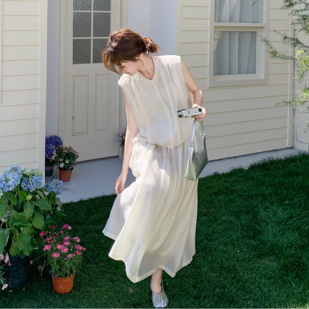 米白色御姐气质女神范套装女2025夏新款法式无袖上衣阔腿裤两件套