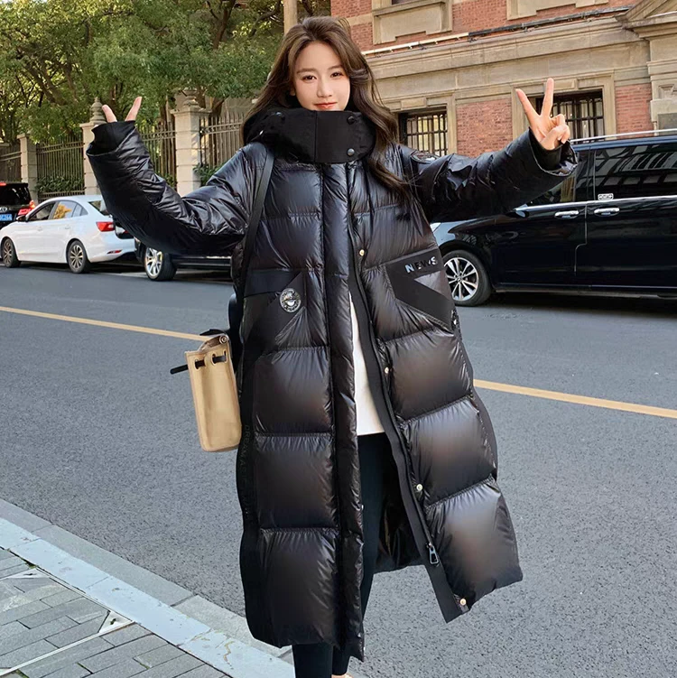宽松型纯色加厚女长款连帽过膝潮流百搭2449