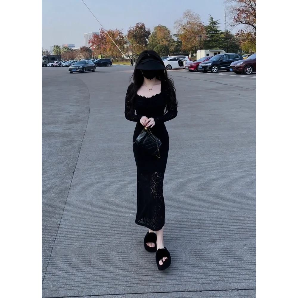 2025新款时尚气质法式V领收腰蕾丝修身长款内搭打底黑色连衣裙女