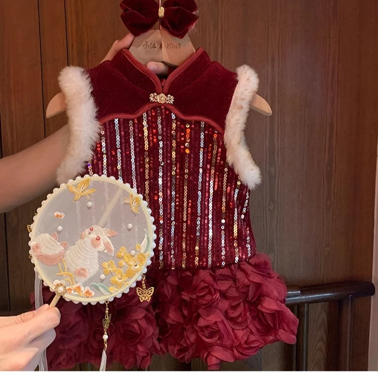 女童冬季连衣裙儿童洋气花边新中式无袖红色拜年服QC新款FHW7003