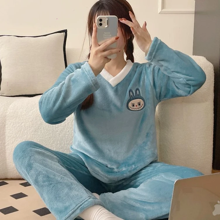 80-200斤款秋冬法兰绒加大码睡衣女冬季休闲套装珊瑚绒胖MM家居服