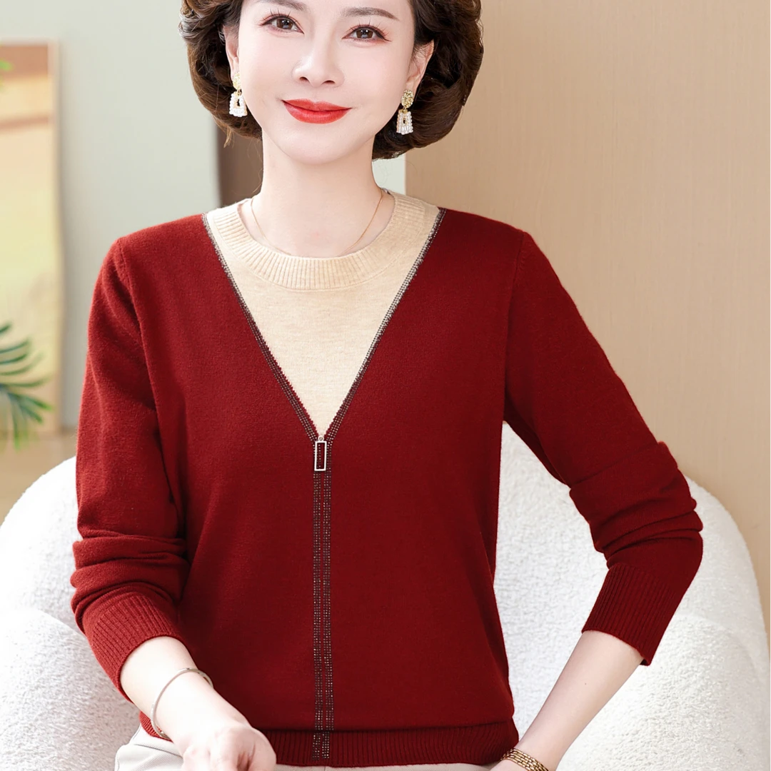 春秋款中年女士长袖上衣妈妈洋气薄毛衣百搭中老年春款针织打底衫