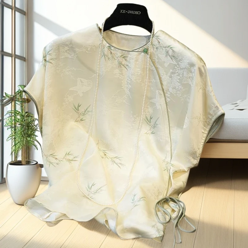 2025年新款女士高端t恤夏季短袖小衫醋酸缎面衬衫新中式国风上衣