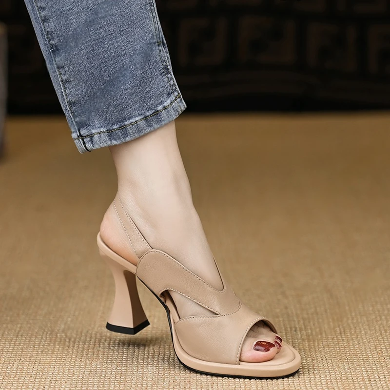 小个子手工女鞋8.5cm~新款凉鞋粗跟防水台2025羊皮裸色气质高跟鞋