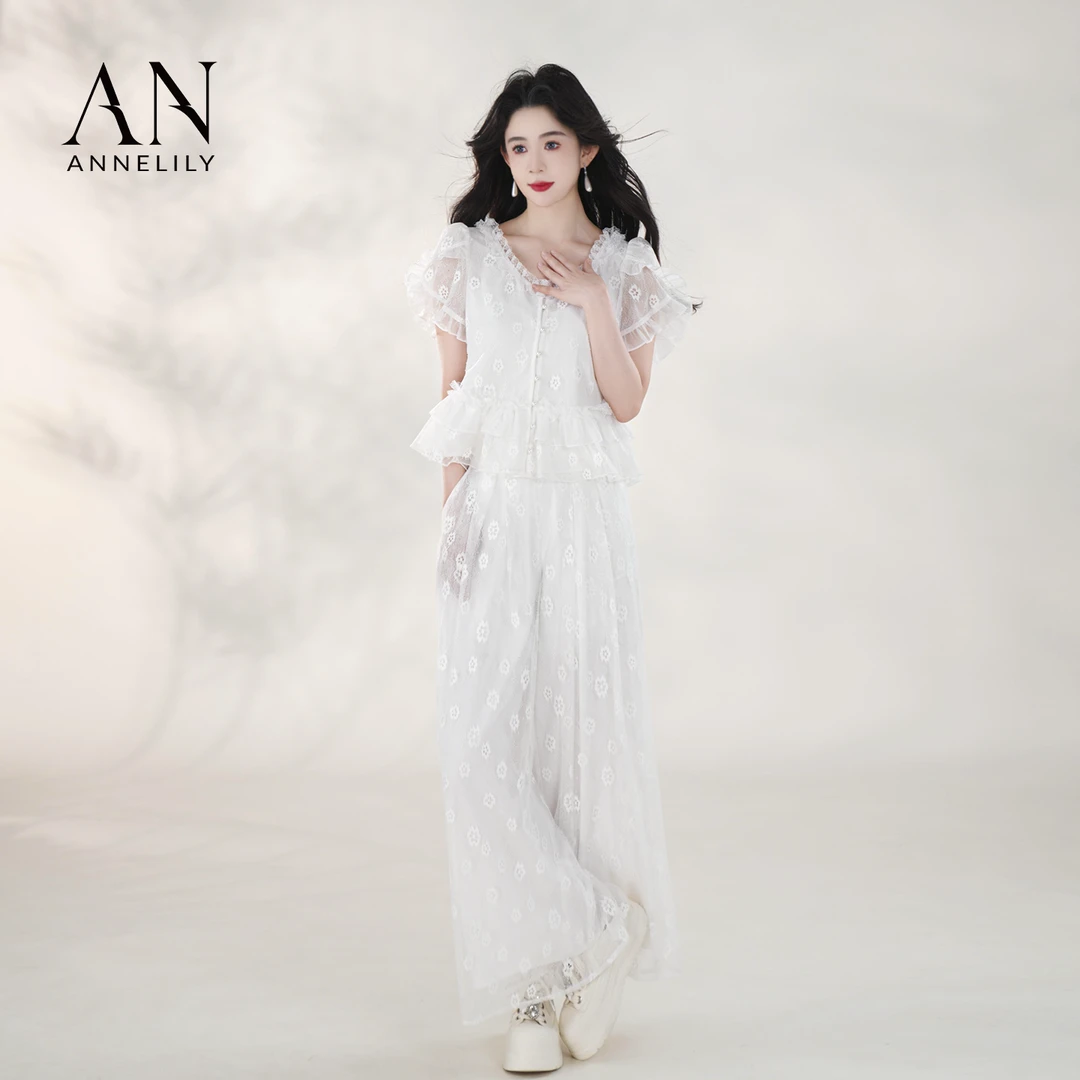 ANNELILY安甜甜【白晶】新款设计感时尚百搭气质长裤套装AT2505031