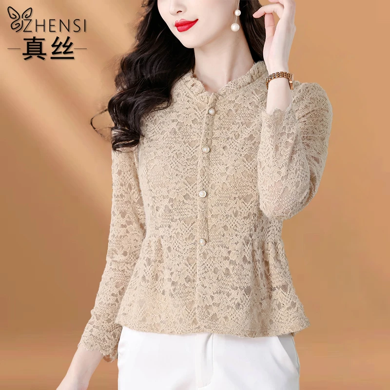 杭州高端大牌真丝衬衫女士长袖2025秋冬新款加厚蕾丝小衫磨毛上衣