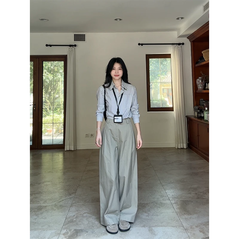 郭九九呢 100%棉简约休闲显瘦条纹衬衫直筒阔腿长裤 G924C09537