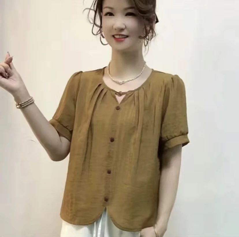 时尚洋气百搭休闲气质显瘦纯色宽松短袖t体恤女士上衣 圆领珠子