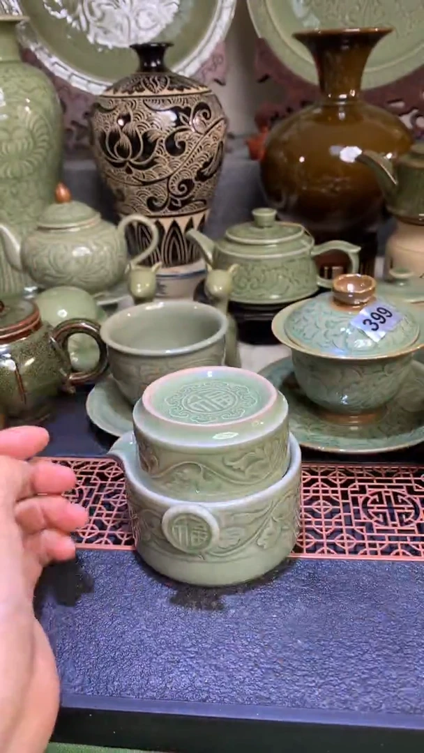 耀州窑微瑕青瓷手工刻花福字快客杯160CC一只