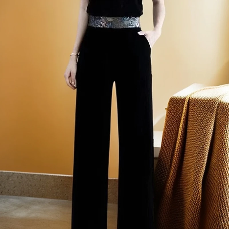佳琪金丝绒刺绣高腰裤子2025新款加大码拼接阔腿裤