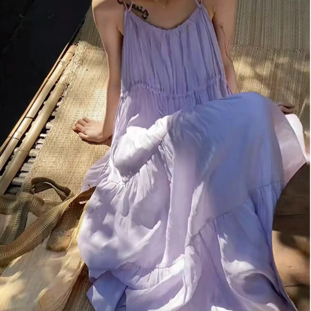 AMAZCOOL 5756清冷感慵懒捏褶大摆吊带连衣裙