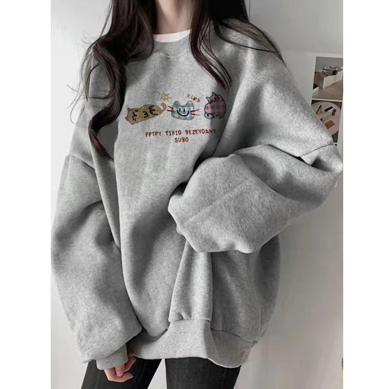 灰色圆领卫衣女士秋冬季2025新款韩系慵懒风宽松百搭加绒加厚上衣